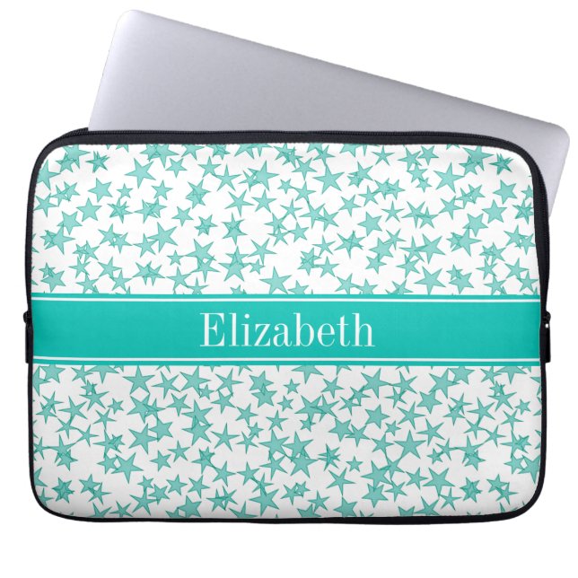 Capa Para Notebook Aqua Turquoise Stars White BG, Nome Teal Monograma (Frente)