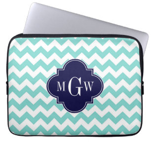 Capa Para Notebook Aqua White Chevron Marinho Azul Quatrefoil 3 Monog