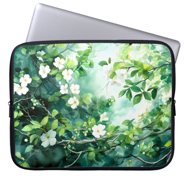 Capa Para Notebook Aquarela Botânica Flores Brancas Folhas Verdes (Frente)