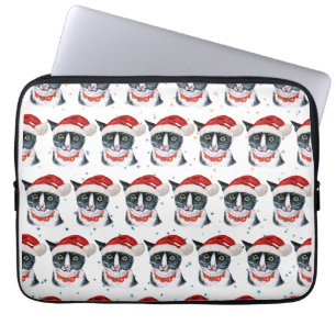 Capa Para Notebook Aquarela de Natal Engraçada de Gato Preto e Branco