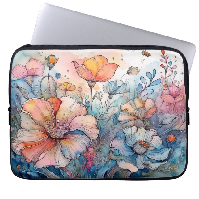 Capa Para Notebook Aquarela de Padrão de Flor (Frente)