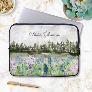 Capa Para Notebook Aquarela Flor de Campo Azul Roxo na Montanha
