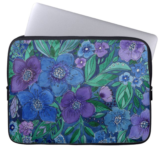 Capa Para Notebook aquarela, flores azuis (Frente)