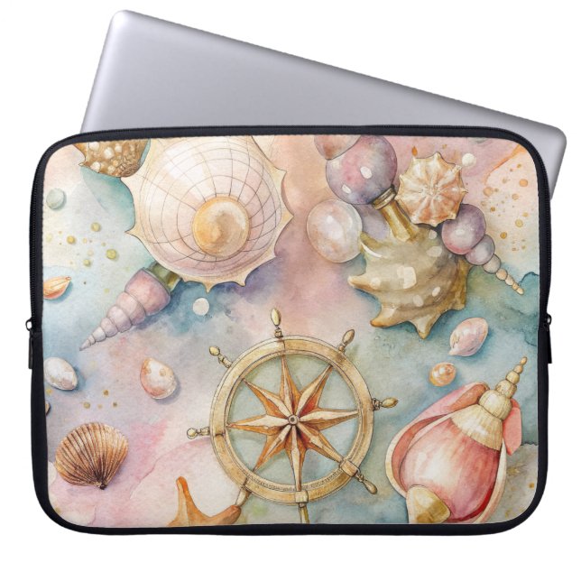 Capa Para Notebook Aquarela Pastel Náutica Conchas e Roda (Frente)