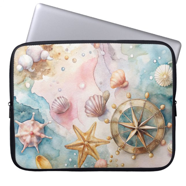 Capa Para Notebook Aquarela Pastel Náutica Conchas e Roda (Frente)