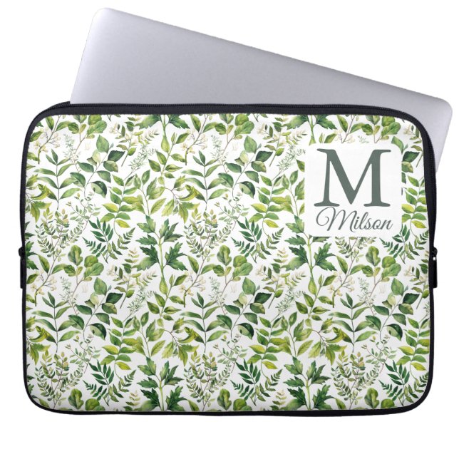 Capa Para Notebook Aquarela Verde Botânico deixa monograma (Frente)