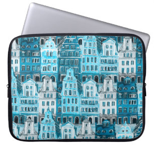 Capa Para Notebook Arquitetura de Amsterdã, textura azul de aquarela.