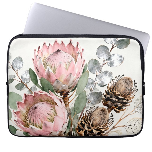 Capa Para Notebook Arranjo de Protea Eucalipto em Aquarela (Frente)