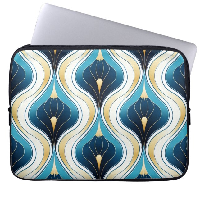 Capa Para Notebook Art Deco Blue Ogee Dourado Cream Padrão (Frente)