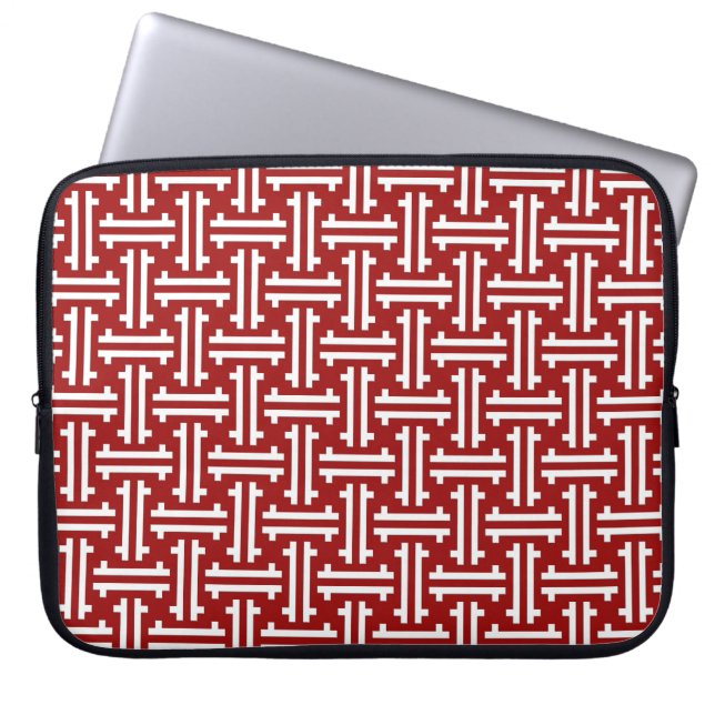 Capa Para Notebook Art Deco Chinês Fret, Vermelho Escuro e Branco (Frente)