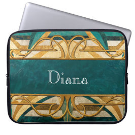Capa Para Notebook Art Deco Listras Verdes e Douradas Personalizadas