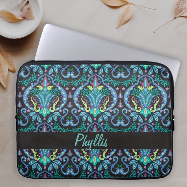 Capa Para Notebook Art Deco Modern Black Turquoise Name Personalizado (Modern Damask in Turquoise, Teal and Black pattern with name personalized across a laptop case)