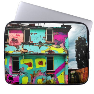 Capa Para Notebook Arte de Grafite rosa e teal Casa abandonada