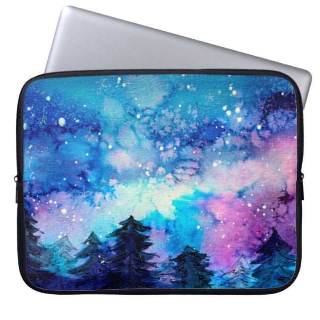 Capa Para Notebook Arte espacial em aquarela com céu noturno e árvore (Frente)