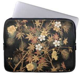 Capa Para Notebook Arte Floral Outonal em Preto e Dourado Japonês Vin