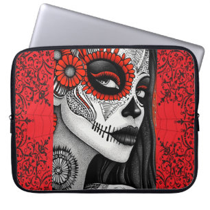 Capa Para Notebook Arte Gótica La Catrina - Preto, Branco e Vermelho