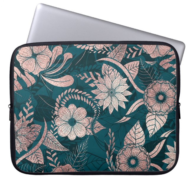 Capa Para Notebook Artsy Modern Rosa Dourada Flores Verde Emerald (Frente)