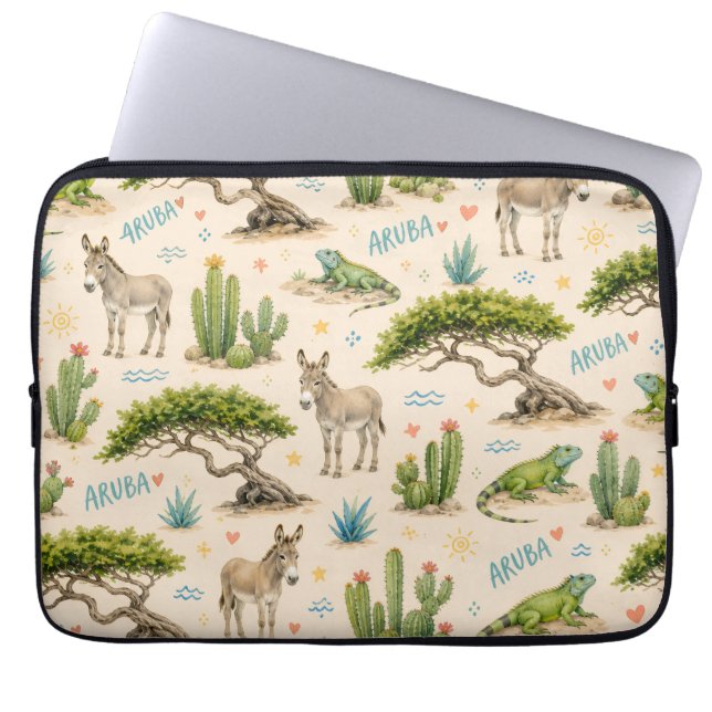 Capa Para Notebook Árvore divi de Aruba, burro, iguana, cacto (Frente)