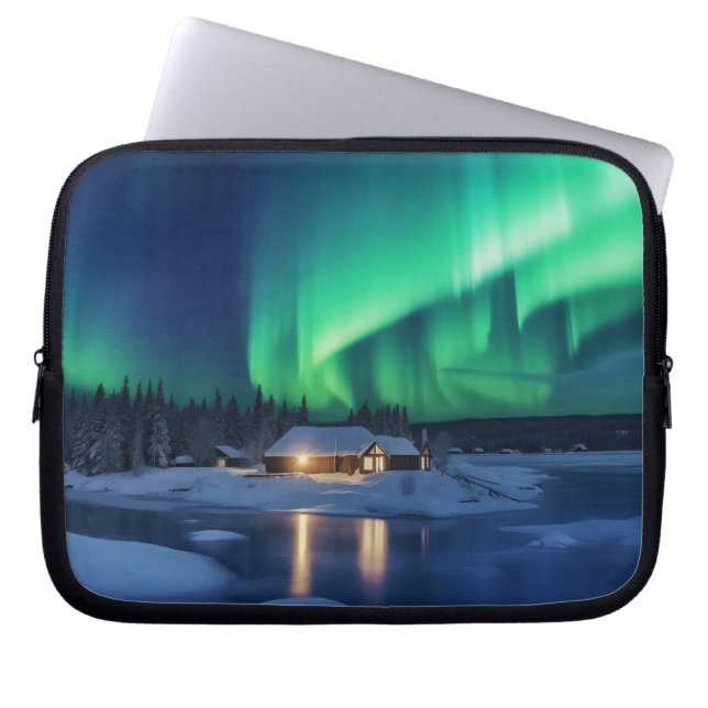 Capa Para Notebook Aurora borealis sobre a cabana de inverno (Frente)
