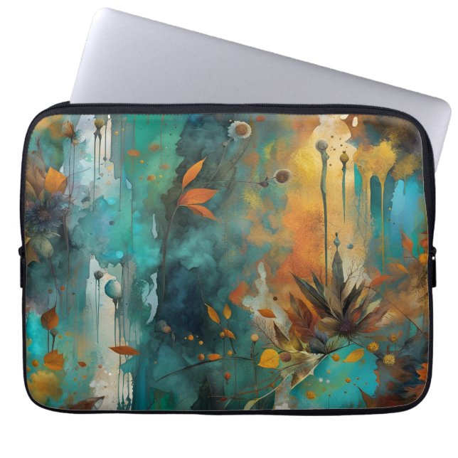 Capa Para Notebook Autumn Harvest Teal Rust Abstrato Dourado (Frente)