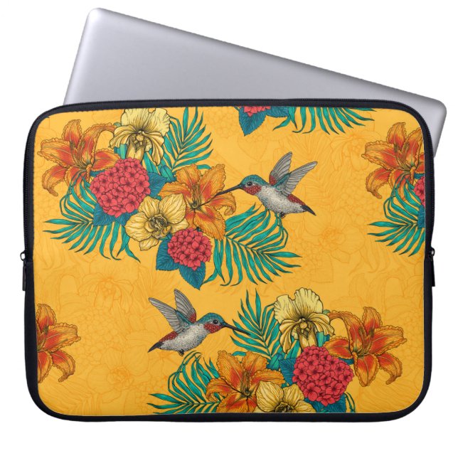 Capa Para Notebook Aves e buquês tropicais em amarelo (Frente)