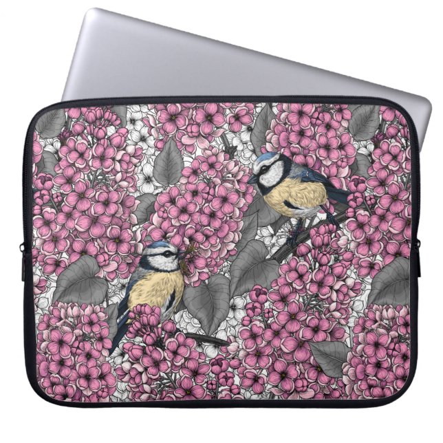 Capa Para Notebook Aves em jardim lilás cor-de-rosa (Frente)