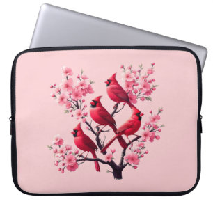 Capa Para Notebook Aves Vermelhas Cardinas, Pássaros de Árvores Rosa-