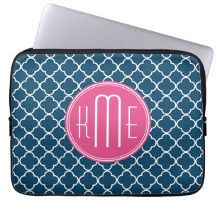 Capa Para Notebook Azuis marinhos elegantes Quatrefoil com monograma