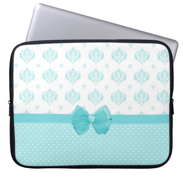 Capa Para Notebook Azul Aqua Damasco com Faixa Turquesa (Frente)