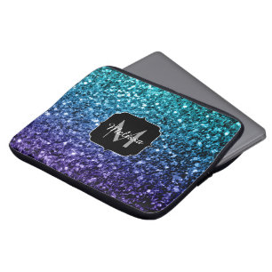 Capa Para Notebook Azul Aqua Ombre faux glitter farelos Monograma