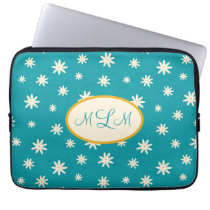 Capa Para Notebook Azul Boho Daisy Monograma Personalizado