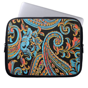 Capa Para Notebook Azul Celeste e Laranja Outono Vintage Paisley Comp