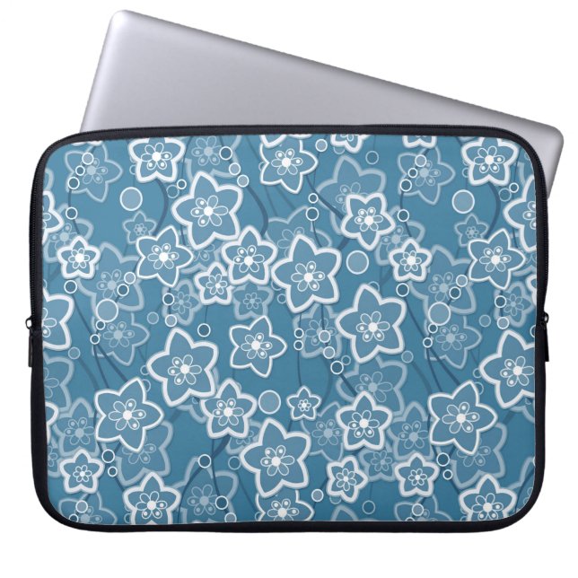 Capa Para Notebook azul com branco, azul, flores, floral, rústico, fa (Frente)