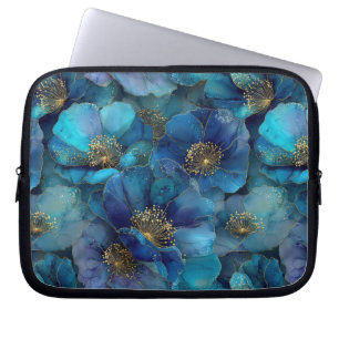 Capa Para Notebook Azul Dourado Florais Abstratos Aquarela