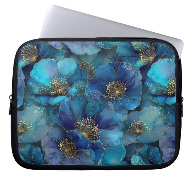 Capa Para Notebook Azul Dourado Florais Abstratos Aquarela (Frente)