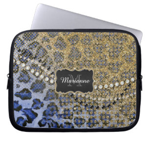 Capa Para Notebook Azul, Dourado Leopardo, Impressão da Largura