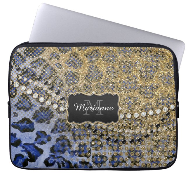 Capa Para Notebook Azul, Dourado Leopardo, Impressão da Largura (Frente)