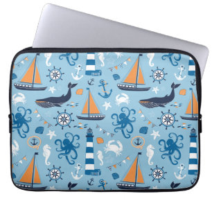 Capa Para Notebook Azul e laranja náuticos de oceano