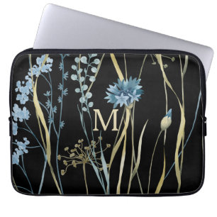 Capa Para Notebook Azul floral monograma e Dourado a preto