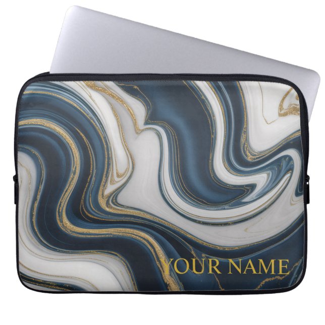Capa Para Notebook Azul Marinho Moderno e Mármore Líquido Dourado (Frente)