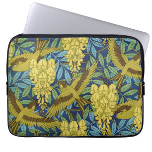Capa Para Notebook Azul Marinho Vintage Pássaro e Padrão Floral Amare