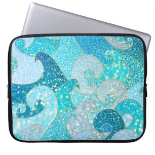 Capa Para Notebook Azul Sereia Faux Glitter Sea- Teal Dourado Oceano