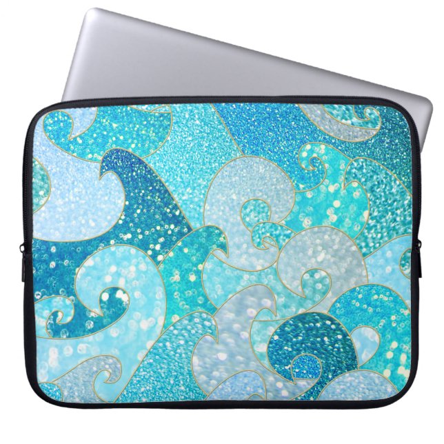 Capa Para Notebook Azul Sereia Faux Glitter Sea- Teal Dourado Oceano (Frente)