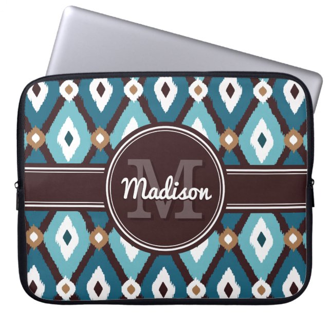 Capa Para Notebook Azul Teal / Mocha Brown Boho Ikat Diamond Padrão (Frente)