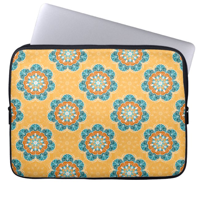 Capa Para Notebook Azulejo Floral Mandala em Laranja e Teal (Frente)