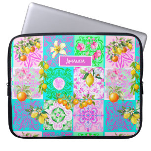 Capa Para Notebook Azulejos florais de colagem de citrinos de cor ros