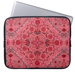 Capa Para Notebook Azulejos florais em vermelho e melancia rosa