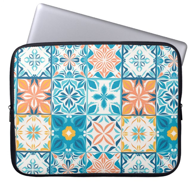Capa Para Notebook azulejos ornamentados em azul e laranja (Frente)