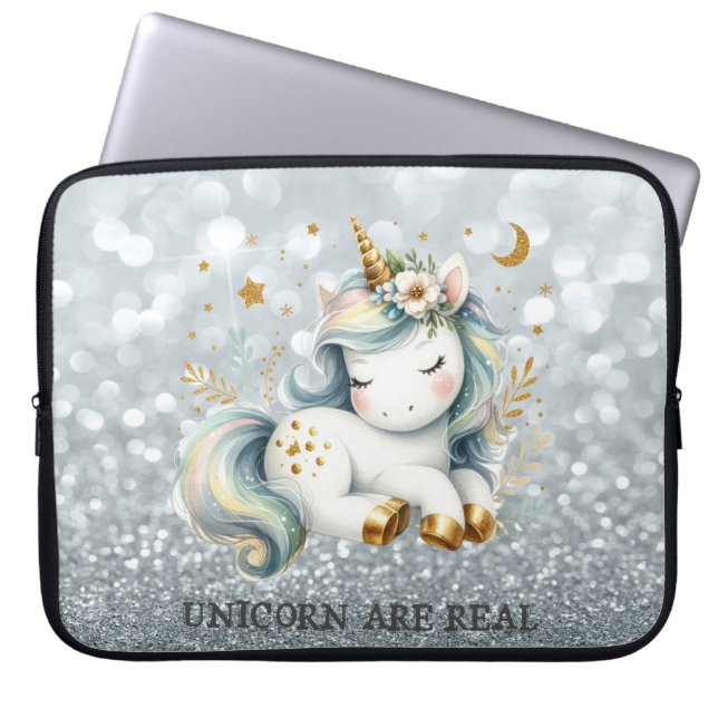 Capa Para Notebook Baby Unicorn Silver Glitter Bokeh (Frente)