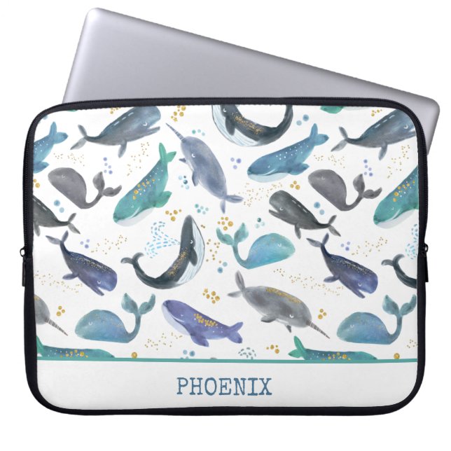 Capa Para Notebook Baleias de Aquarelas Oceanas Peixes Dourados Azul (Frente)